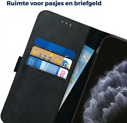 Rosso Deluxe Apple iPhone 11 Pro Max Hoesje Echt Leer Book Case Zwart afbeelding 8