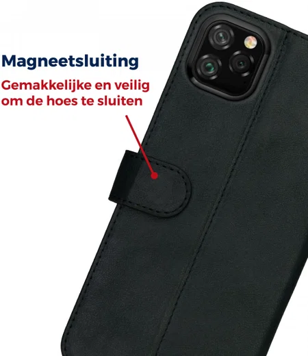 Rosso Deluxe Apple iPhone 11 Pro Max Hoesje Echt Leer Book Case Zwart afbeelding 9