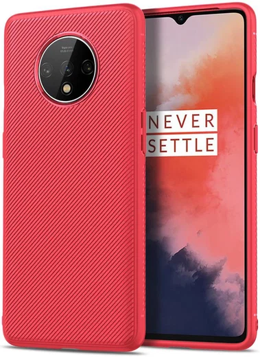 OnePlus 7T Twill Slim Texture Back Cover Rood afbeelding 1