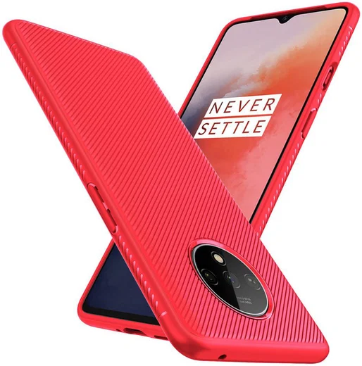 OnePlus 7T Twill Slim Texture Back Cover Rood afbeelding 2