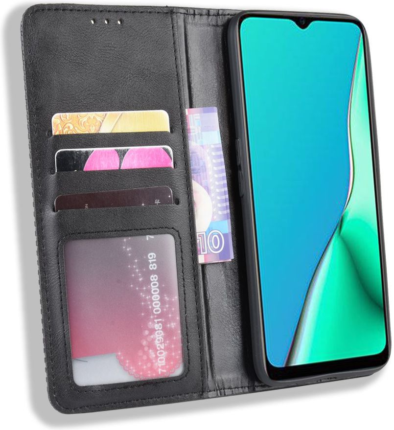 Oppo A5 / A9 (2020) Retro Stijl kunstlederen Portemonnee Hoesje Zwart afbeelding 1