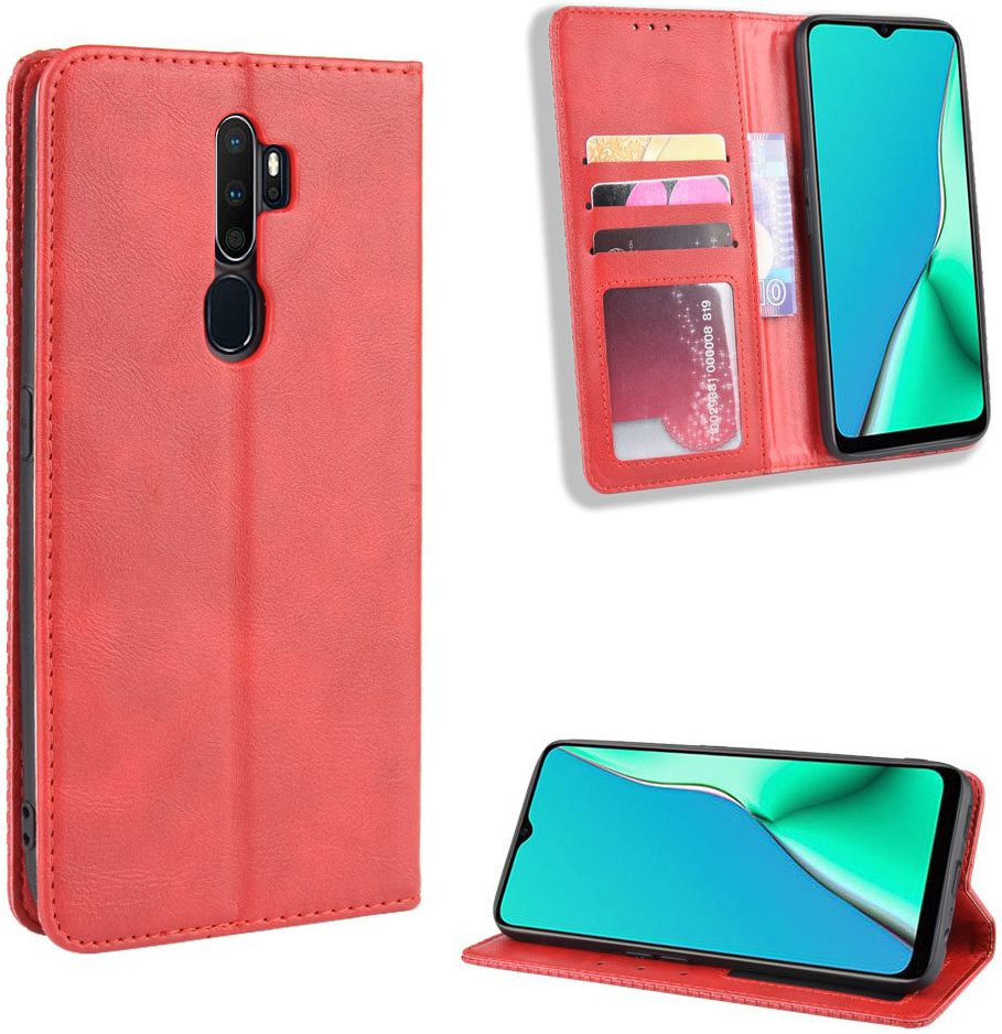 Oppo A5 / A9 (2020) Retro Stijl Kunstleren Portemonnee Hoesje Rood afbeelding 2