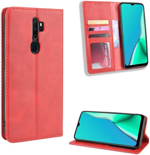 Oppo A5 / A9 (2020) Retro Stijl Kunstleren Portemonnee Hoesje Rood afbeelding 2