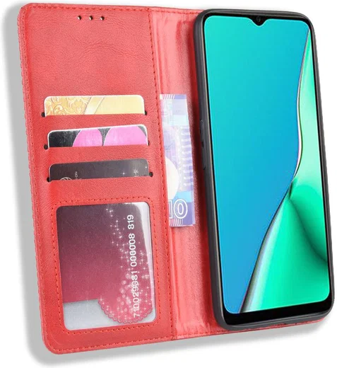 Oppo A5 / A9 (2020) Retro Stijl Kunstleren Portemonnee Hoesje Rood afbeelding 1