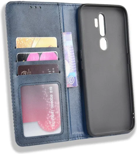 Oppo A5 / A9 (2020) Retro Stijl Kunstleren Portemonnee Hoesje Blauw afbeelding 3