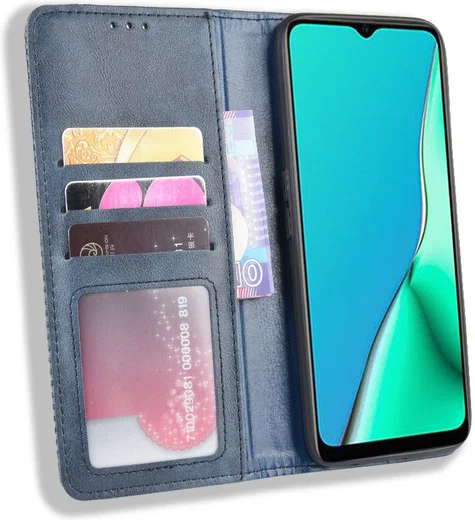 Oppo A5 / A9 (2020) Retro Stijl Kunstleren Portemonnee Hoesje Blauw afbeelding 1