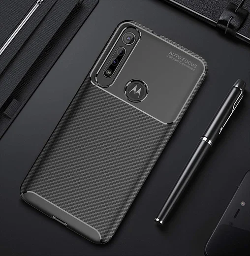 Motorola One Macro Siliconen Carbon Hoesje Zwart afbeelding 2