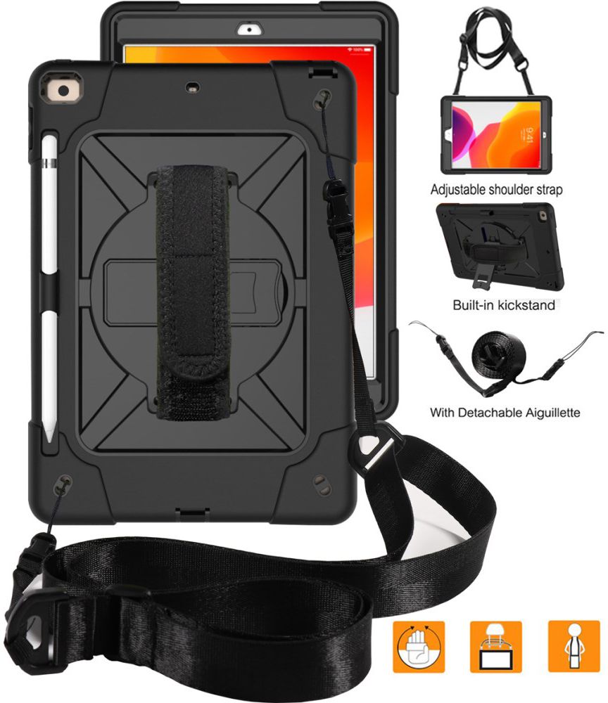 iPad 10.2 2019/2020/2021 Hybride Kickstand Hoes met Handriem Zwart afbeelding 2