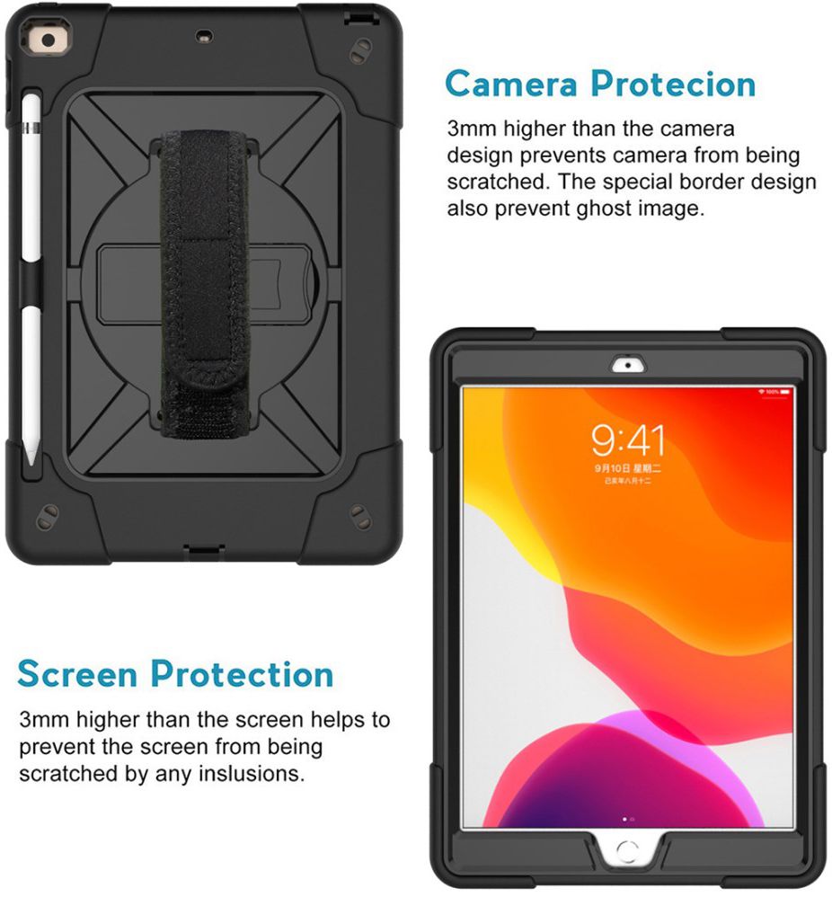 iPad 10.2 2019/2020/2021 Hybride Kickstand Hoes met Handriem Zwart afbeelding 5