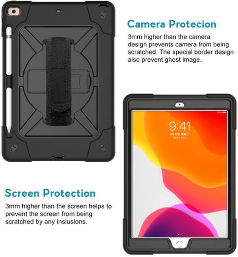 iPad 10.2 2019/2020/2021 Hybride Kickstand Hoes met Handriem Zwart afbeelding 5