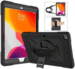 iPad 10.2 2019/2020/2021 Hybride Kickstand Hoes met Handriem Zwart afbeelding