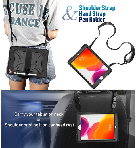 iPad 10.2 2019/2020/2021 Hybride Kickstand Hoes met Handriem Zwart afbeelding 6