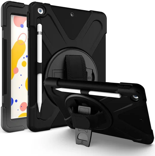 Apple iPad 10.2 (2019) Hybride Kickstand Hoesje met Handriem Zwart afbeelding 1