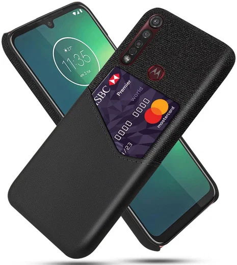 Motorola Moto G8 Plus Kunstleer en Stof Hoesje met Kaarthouder Zwart afbeelding 1