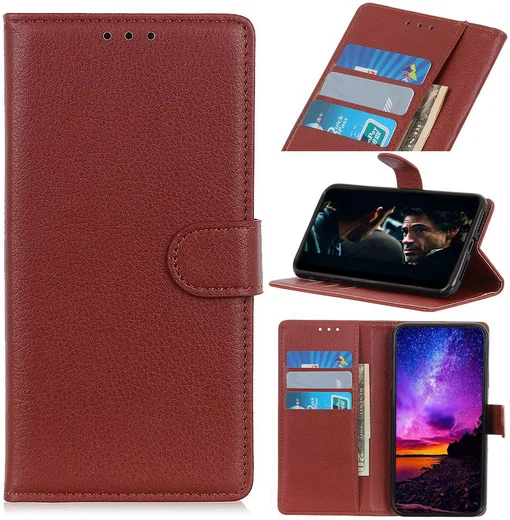 Alcatel 3X 2019 Litchi Skin Leren Portemonnee Hoesje Bruin afbeelding 11