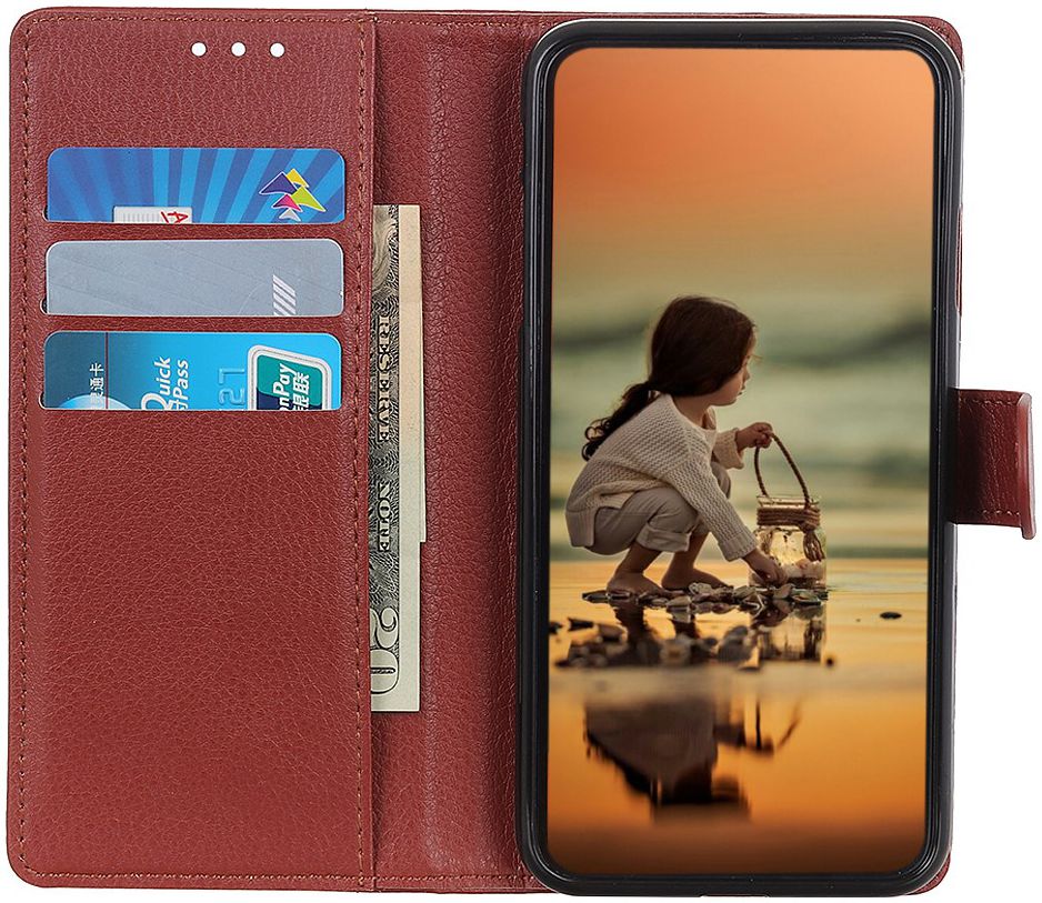 Alcatel 3X 2019 Litchi Skin Leren Portemonnee Hoesje Bruin afbeelding 2