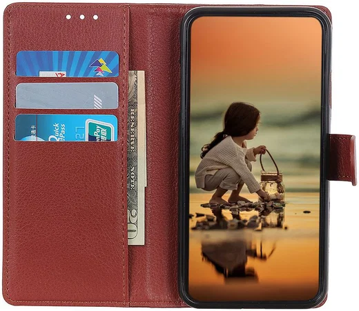 Alcatel 3X 2019 Litchi Skin Leren Portemonnee Hoesje Bruin afbeelding 2
