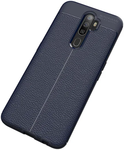 Oppo A9 (2020) / A5 (2020) Hoesje met Leren Textuur Blauw afbeelding 2