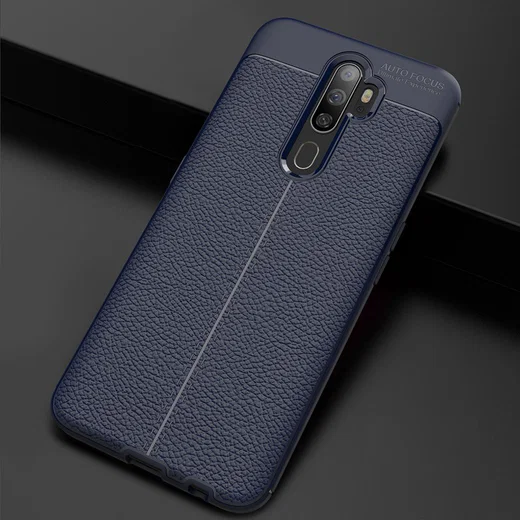 Oppo A9 (2020) / A5 (2020) Hoesje met Leren Textuur Blauw afbeelding 3