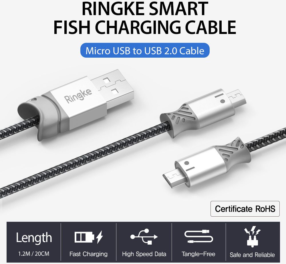 Ringke Smart Fish Micro-USB Kabel Gevlochten 1.2 Meter Grijs afbeelding 5
