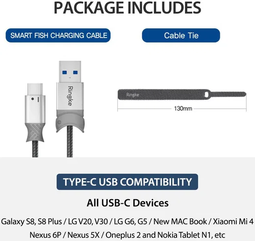 Ringke Smart Fish USB-C Kabel Gevlochten 1.2 Meter Grijs afbeelding 10