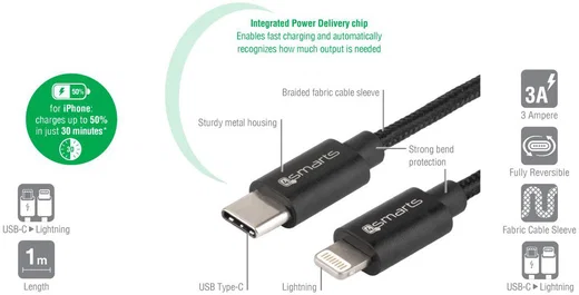 4smarts USB Type C naar Lightning Kabel: 1 meter Zwart afbeelding 2