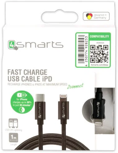 4smarts USB Type C naar Lightning Kabel: 1 meter Zwart afbeelding 4