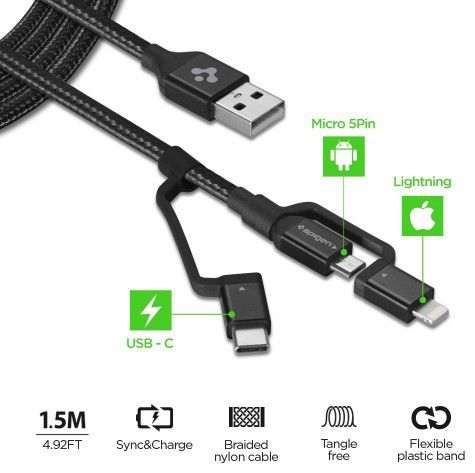 Spigen Essential 3-in-1 Kabelset 1.5 Meter Zwart afbeelding 6