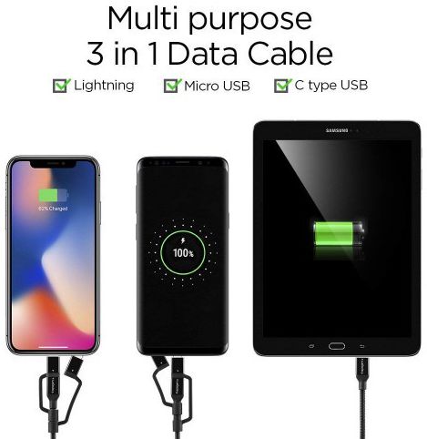 Spigen Essential 3-in-1 Kabelset 1.5 Meter Zwart afbeelding 3