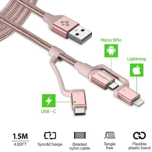 Spigen Essential 3-in-1 Kabelset 1.5 Meter Rose Gold afbeelding 2