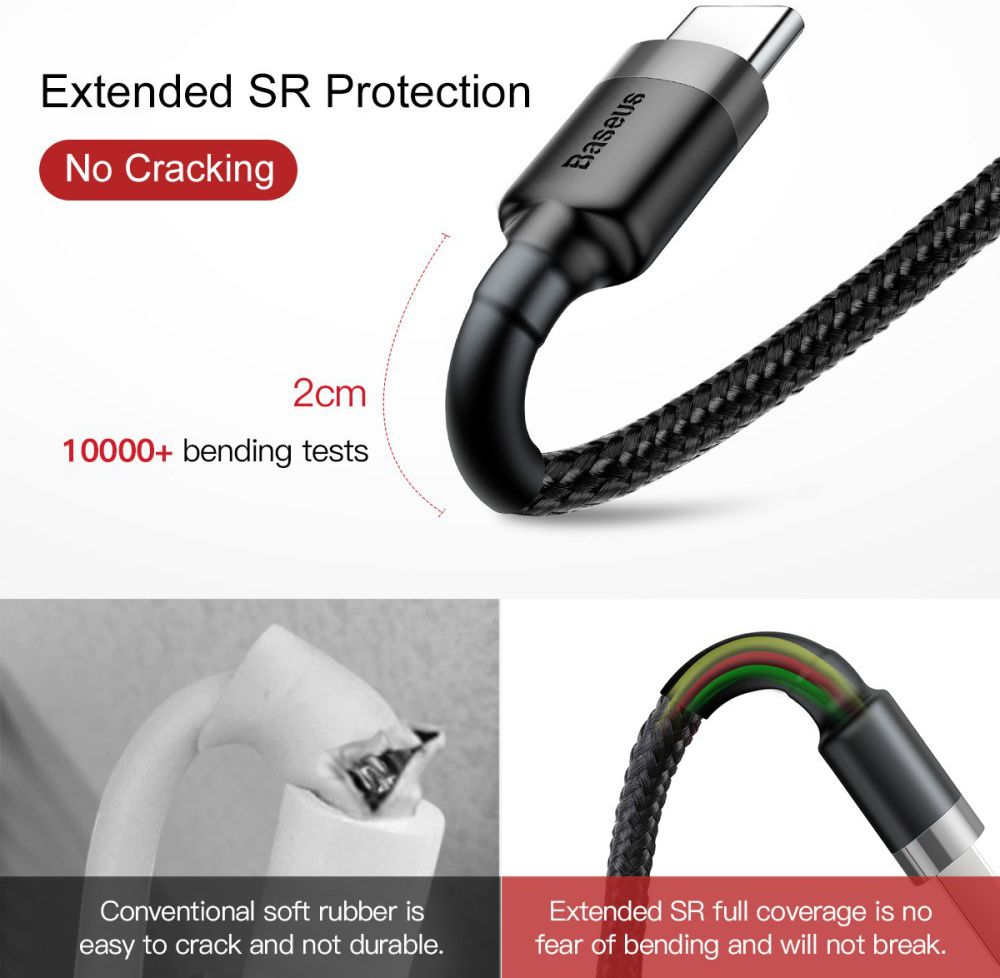 Baseus USB-C Fast Charge Kabel Gevlochten 1 Meter 3A Zwart Grijs afbeelding 8