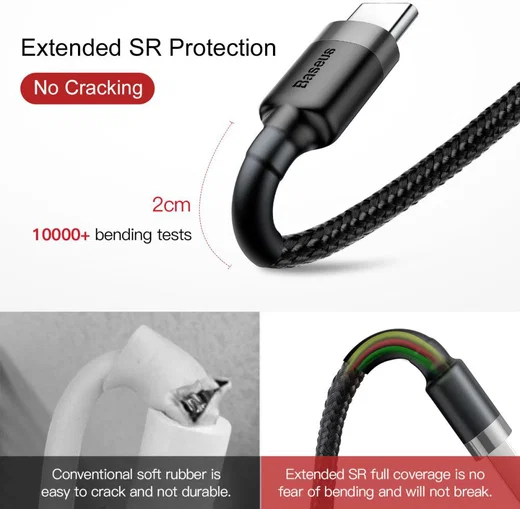 Baseus USB-C Fast Charge Kabel Gevlochten 1 Meter 3A Zwart Grijs afbeelding 8