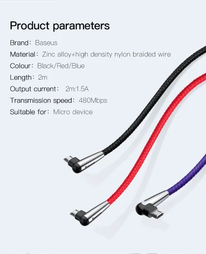 Baseus Micro-USB Gevlochten Nylon Haakse Kabel 2 Meter Zwart afbeelding 6