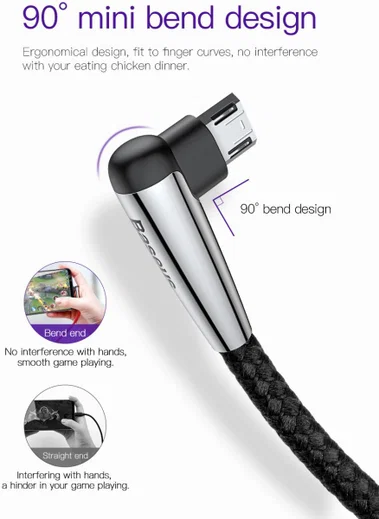 Baseus Micro-USB Gevlochten Nylon Haakse Kabel 2 Meter Zwart afbeelding 2