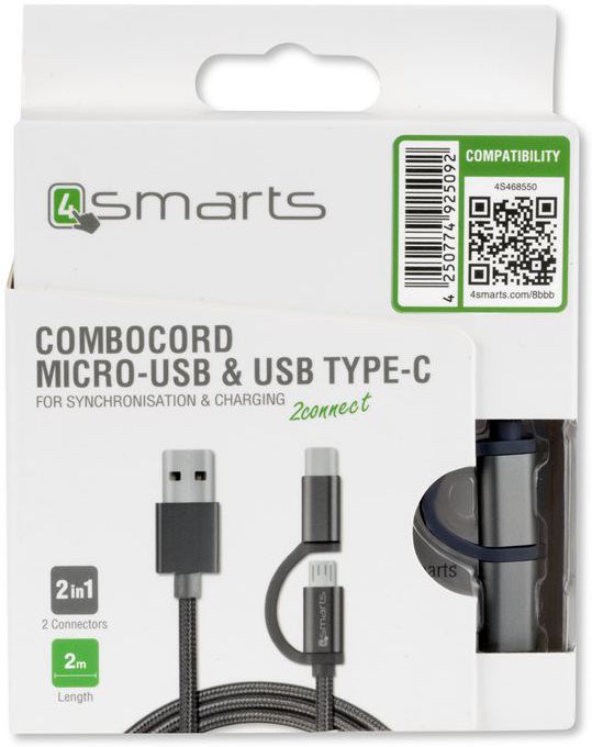 4Smart ComboCord Micro-USB en USB-C Gevlochten Kabel 2 Meter Grijs afbeelding 2