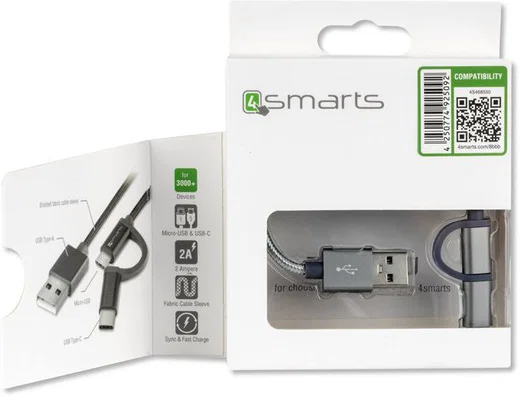 4Smart ComboCord Micro-USB en USB-C Gevlochten Kabel 2 Meter Grijs afbeelding 4