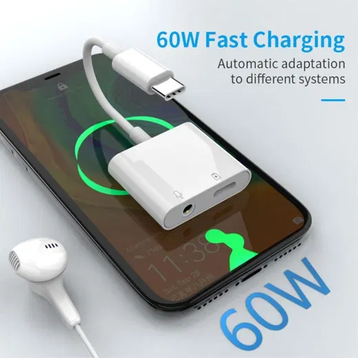 Witte Universele USB-C naar USB-C + Audio Jack Adapter 60W afbeelding 3