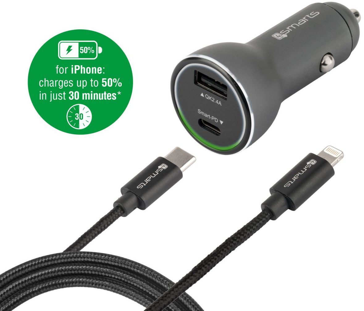 4smarts Fast Charging Autolader met iPhone Kabel (1M) afbeelding 1