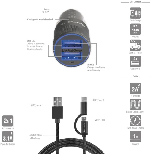 4smarts Dual Autolader met 2-in-1 Kabel Zwart afbeelding 3