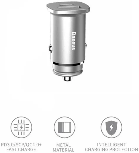 Baseus Dubbele Poort Universele USB + USB-C Snellader Adapter Zilver afbeelding 2