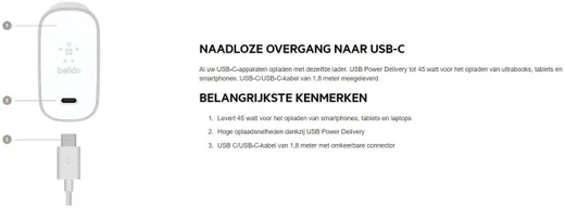 Belkin USB-C Adapter 45W/3A met Kabel (1,8M) Zilver afbeelding 3