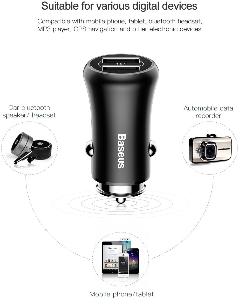 Baseus Dubbele USB Fast Charge Autolader Zwart afbeelding 13