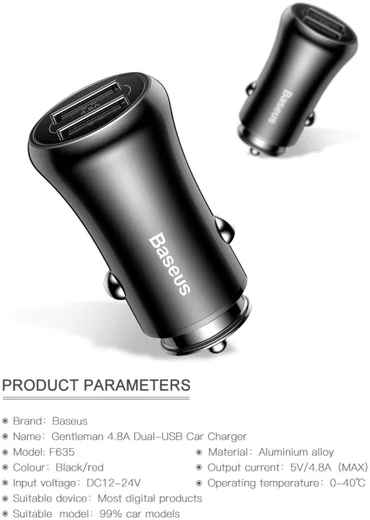 Baseus Dubbele USB Fast Charge Autolader Zwart afbeelding 19