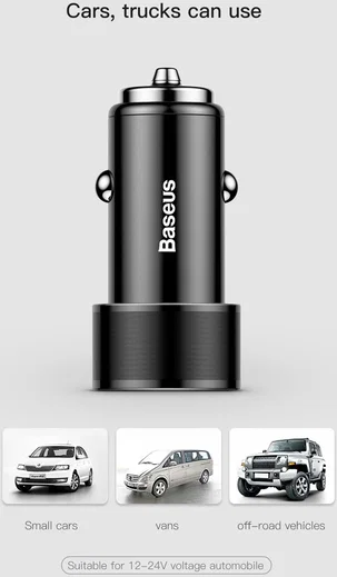 Baseus Small Screw Dubbele USB Autolader met USB-C Kabel Zwart afbeelding 11
