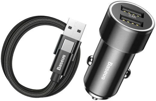 Baseus Small Screw Dubbele USB Autolader met USB-C Kabel Zwart afbeelding 1