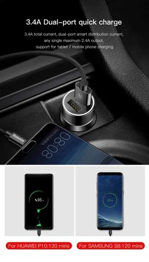 Baseus Small Screw Dubbele USB Autolader met USB-C Kabel Zwart afbeelding 7