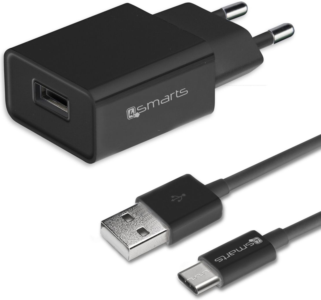 4Smarts 12W USB Oplader 2.4A met USB naar USB-C Kabel 1 Meter Zwart afbeelding 1