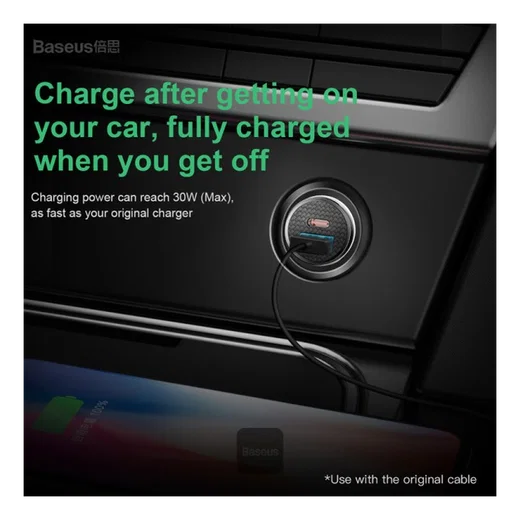 Baseus Fast Charge Autolader 30W USB + USB-C Zwart afbeelding 4