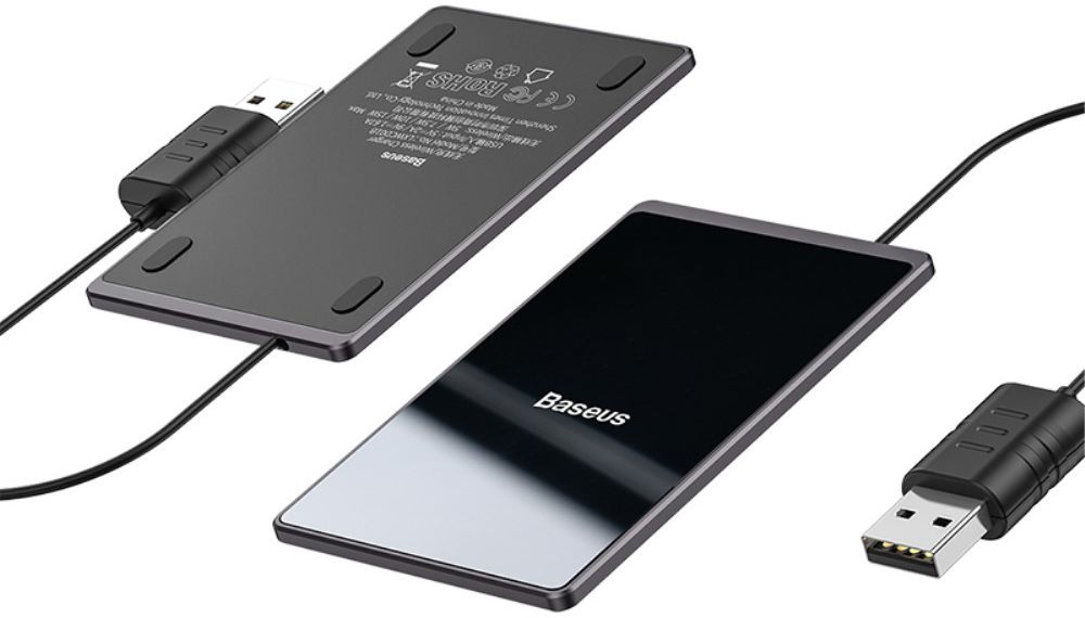 Baseus Compacte Draadloze Oplader 15W Ultra Dun met USB Kabel 1M Zwart afbeelding 1