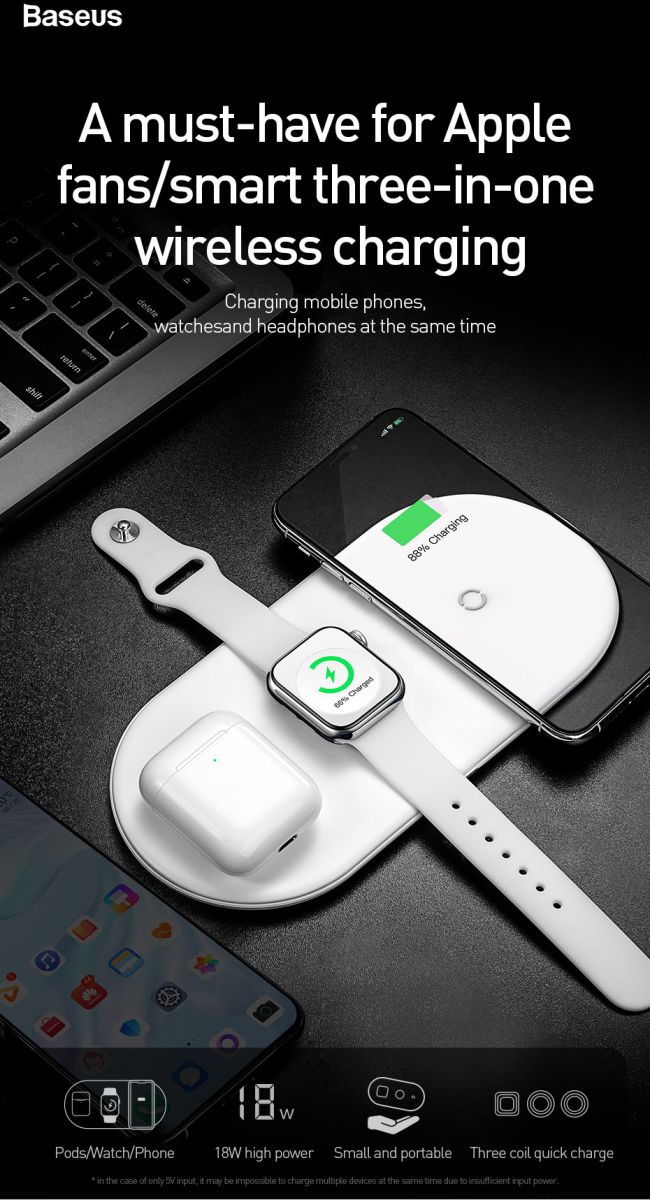 Baseus 3 in 1 Draadloze Oplader [iPhone + Apple Watch + AirPods] Wit afbeelding 3
